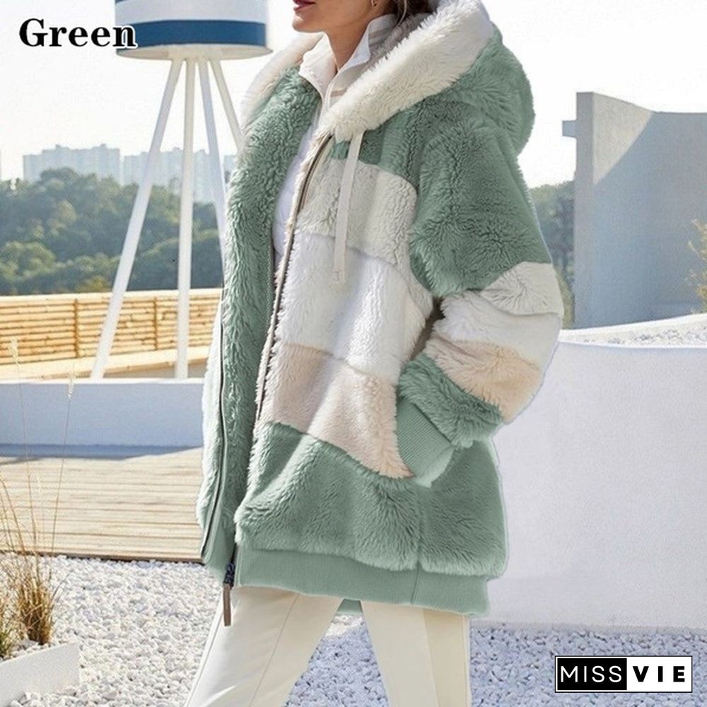 New Winter Women's Jacket Hooded Warm Plush Loose Jacket for Women Patchwork Winter Outerwear Faux Fur Zipper Ladies Parka Coat Plus Size