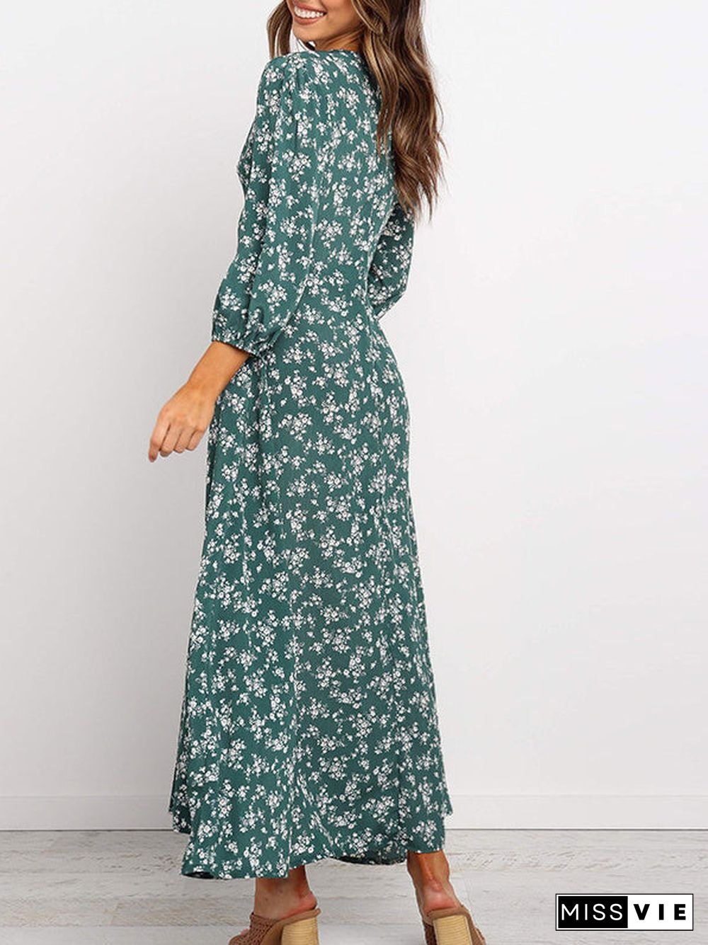 Women's Long Sleeve V-neck Floral Printed Midi Dress