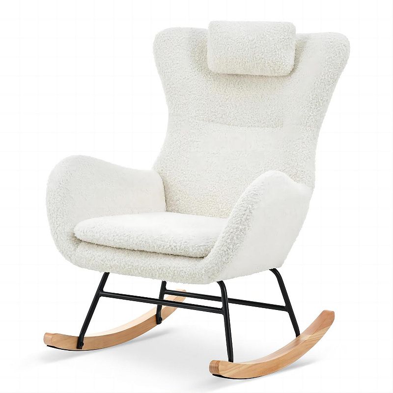 Soft Foam Swinging Rocking Chair With Rubber Wood Leg And Cashmere Teddy Fabric Cover