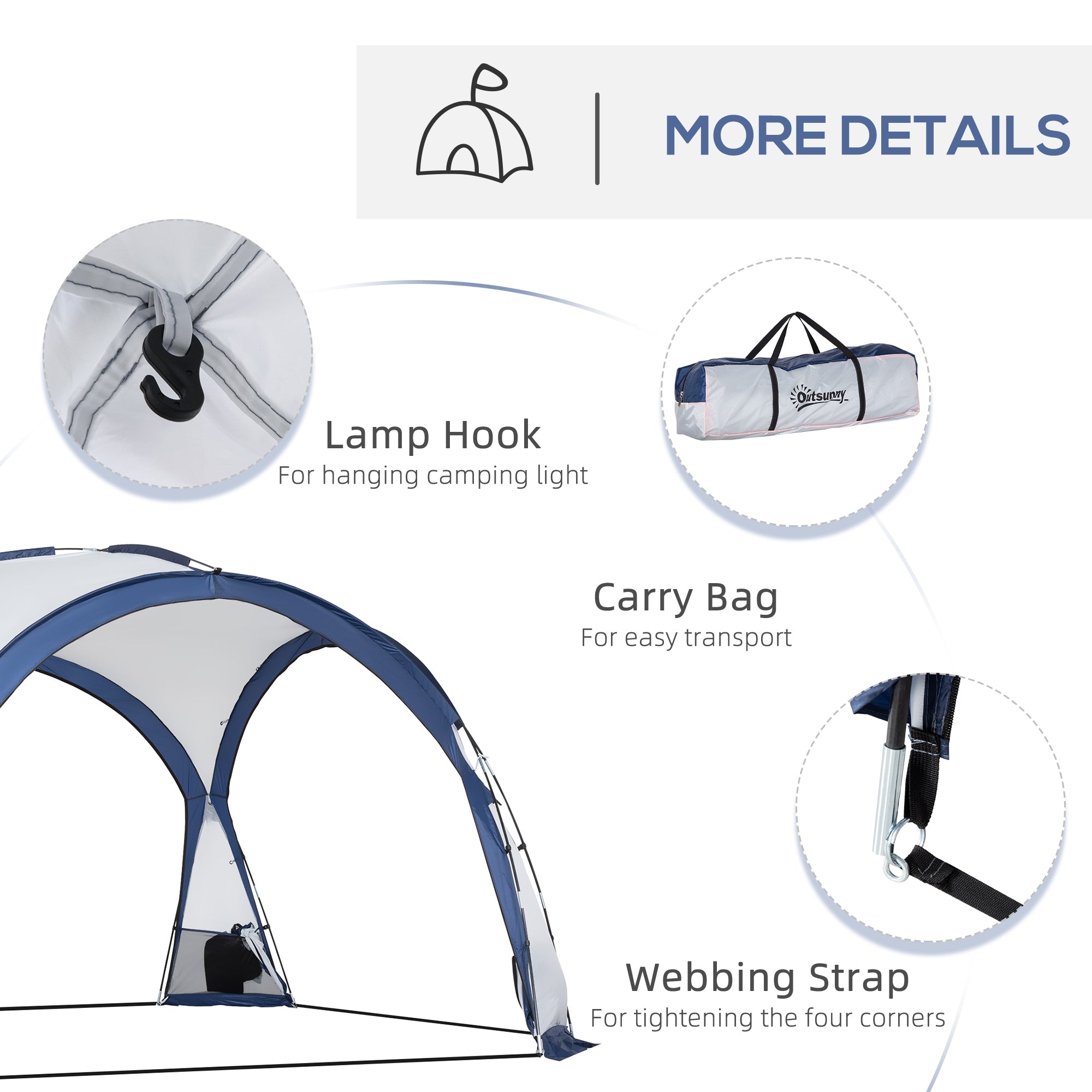 Outsunny 6-8 Person Screen House for Camping， Family Tents Shelter with Portable Carry Bag， Sun Shelter Dome Tent with 4 Zipped Mesh Doors，Stakes， Lamp Hook for Travel， Picnics， White and Blue