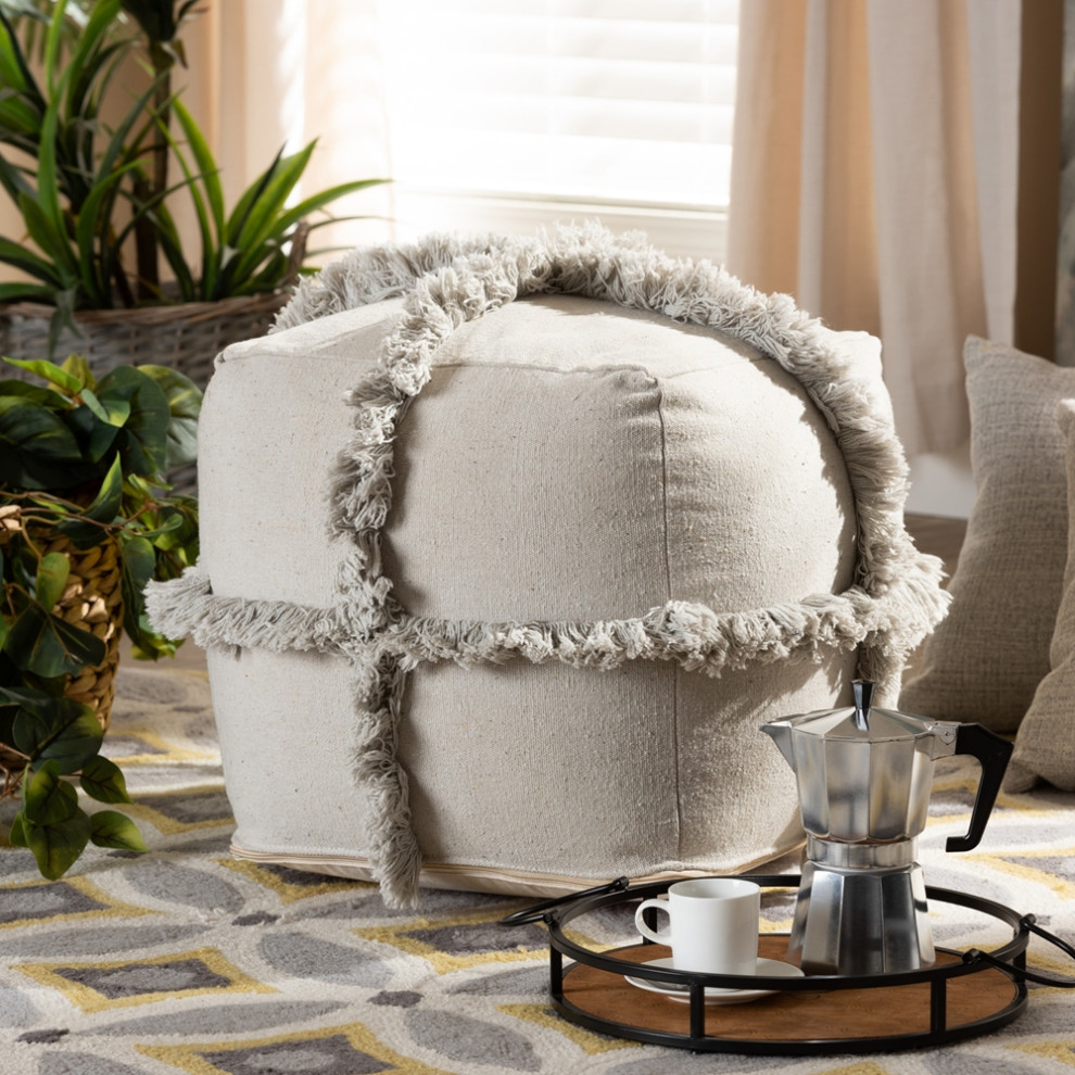 Beautiful Moroccan Inspired Grey Handwoven Cotton Fringe Pouf Ottoman   Contemporary   Footstools And Ottomans   by Imtinanz  LLC  Houzz