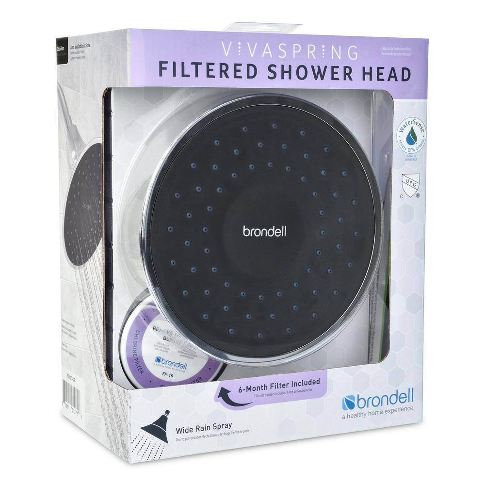 Brondell VivaSpring 1-Spray Patterns with 1.8 GPM 6.5 in. Single Wall Mount Fixed Shower Head with KDF Filter in Obsidian Face FSH25-CB