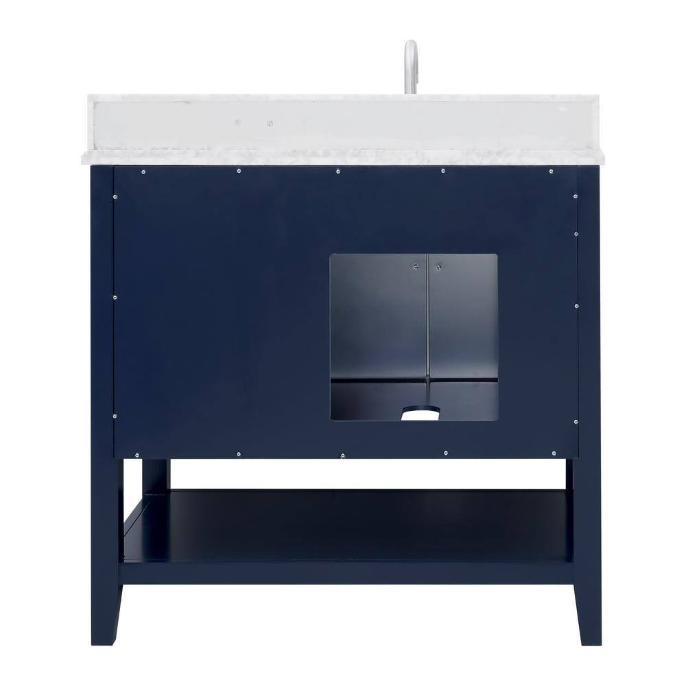 Home Decorators Collection Sturgess 37 in. W x 22 in. D x 35 in. H Open Shelf Vanity in Navy Blue with White Marble Vanity Top 19111S-VS37C-NB