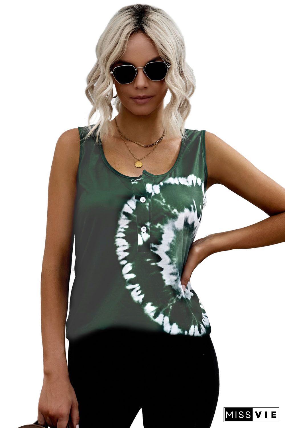 Dark Green Tie-dye Print Tank Top