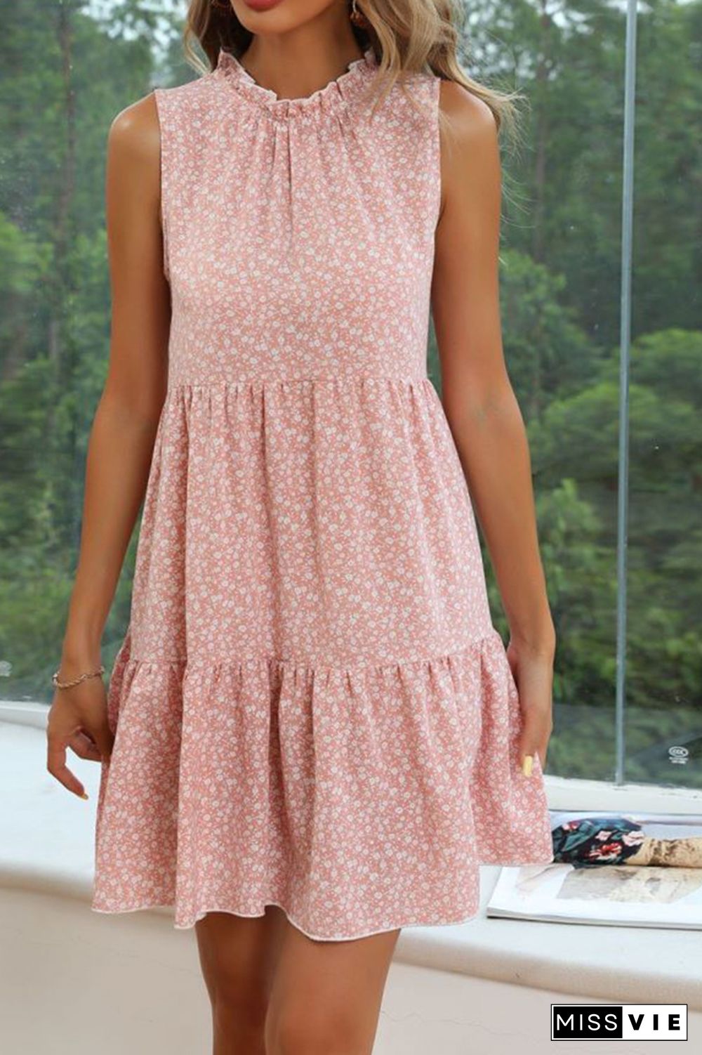 Pink Tiered Sleeveless Floral Dress