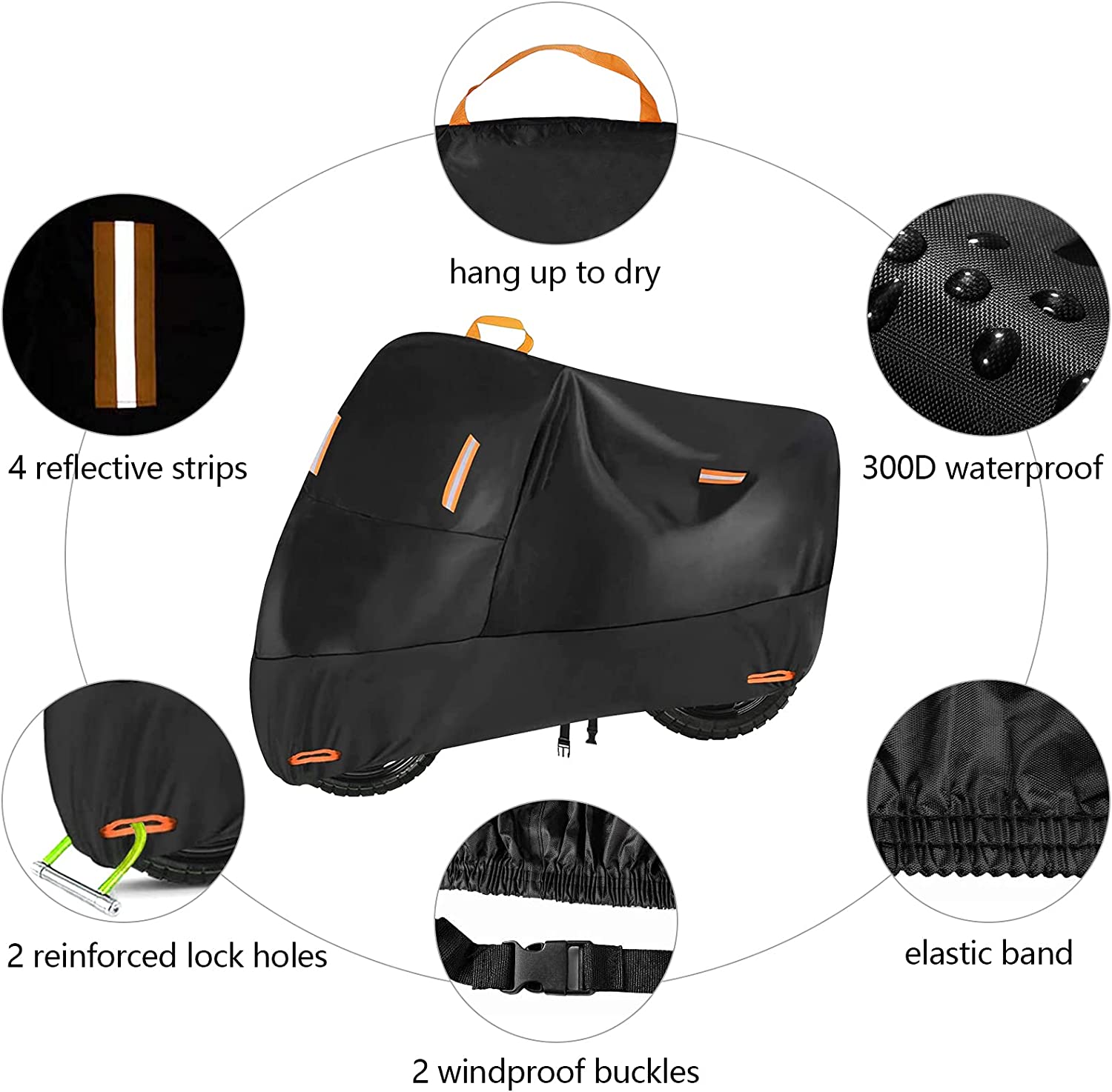 300D Heavy Duty Motorcycle Cover， Seceles All Season Durable Waterproof Outdoor Protection Scooter Cover with 4 Reflective Strips Lock-Holes Storage Bag Fits up to 96.5