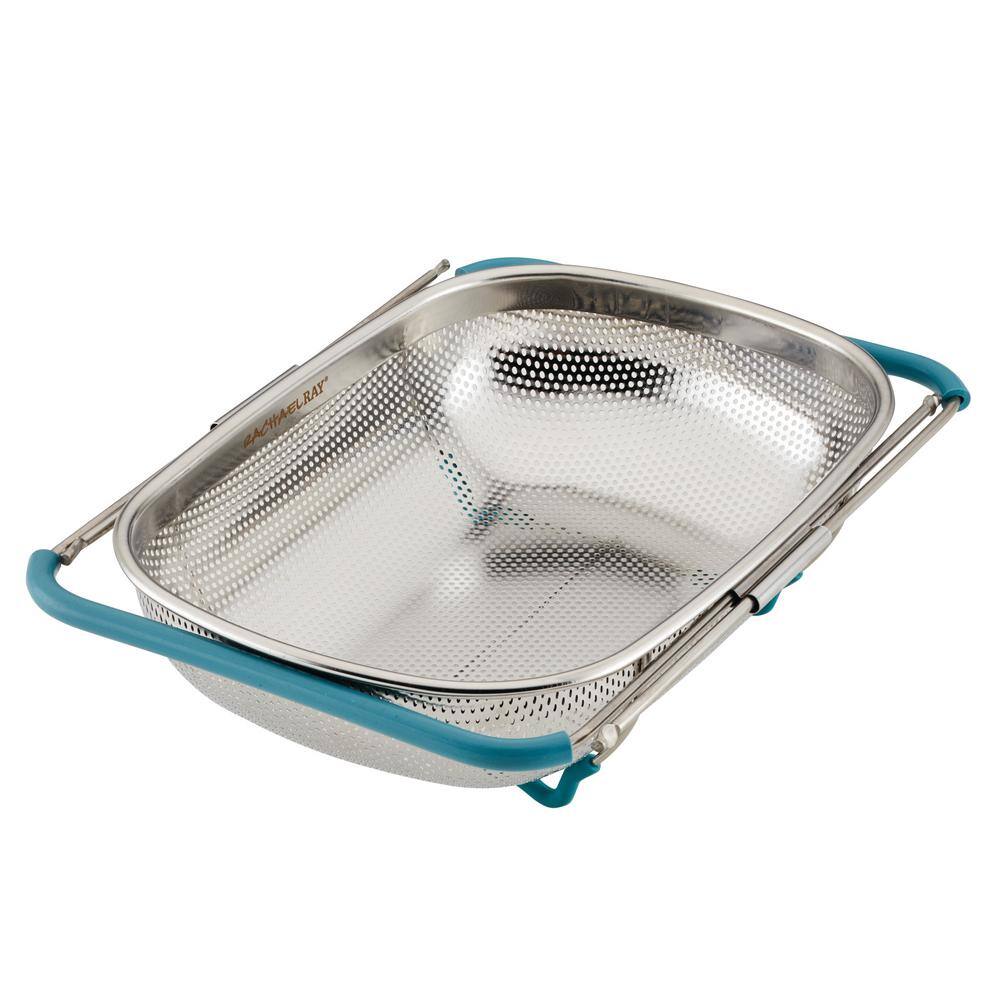 Rachael Ray Tools and Gadgets 4.5 qt. Stainless Steel Over-The-Sink Colander Agave Blue Handles 48533