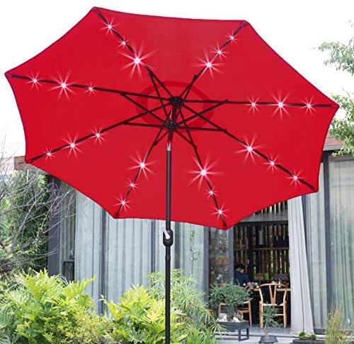 Sunnyglade 9′ Solar LED Lighted Patio Umbrella with 8 Ribs/Tilt Adjustment and Crank Lift System (Black)