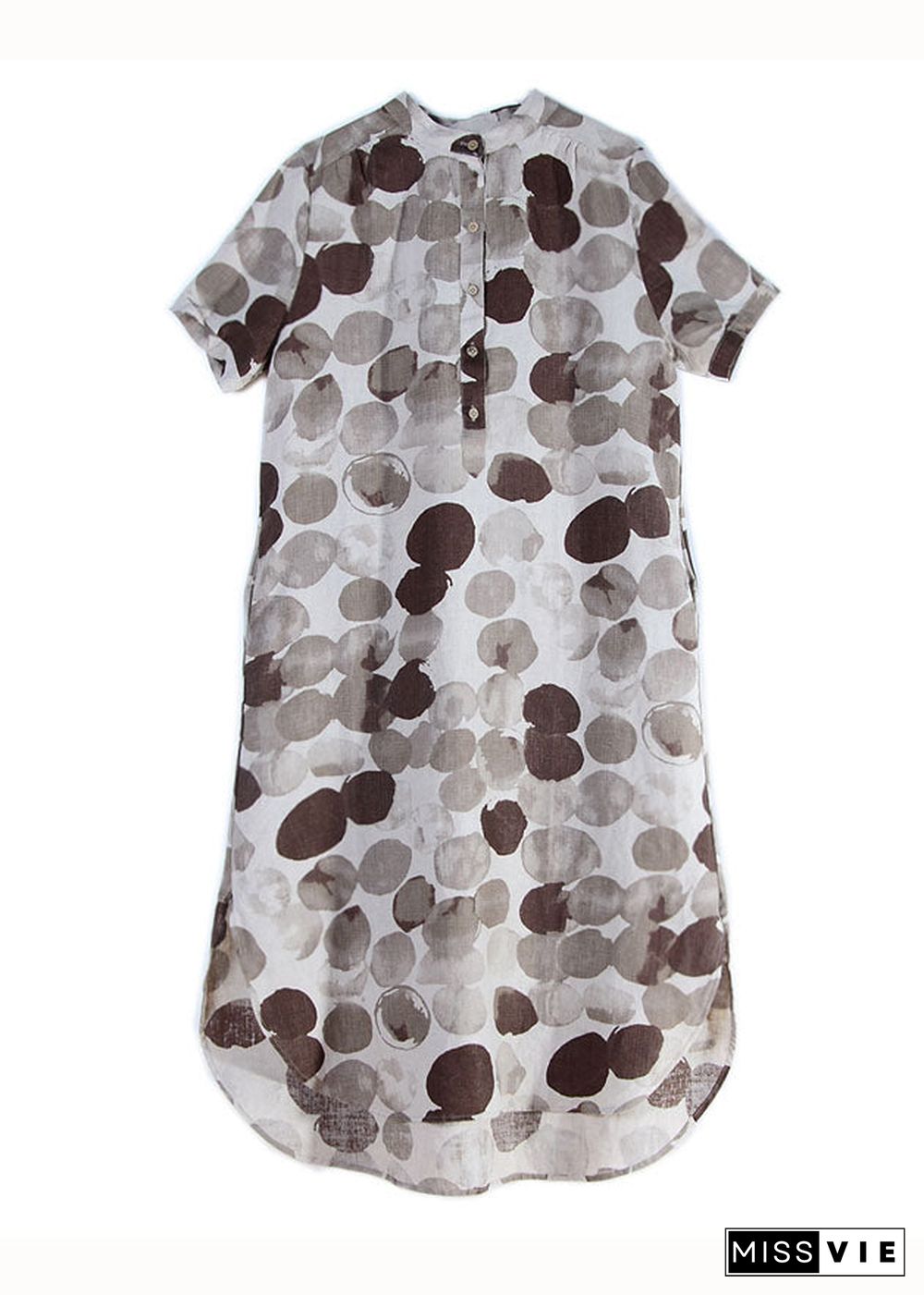 Organic Grey Stand Collar Print Patchwork Linen Dresses Summer