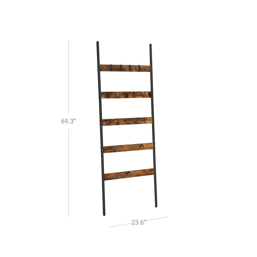 5 Tier Blanket Ladder Shelf  Wall Leaning Rack with 4 Hooks  Steel Frame  23.6 Inch Wide  for Blankets  Scarves