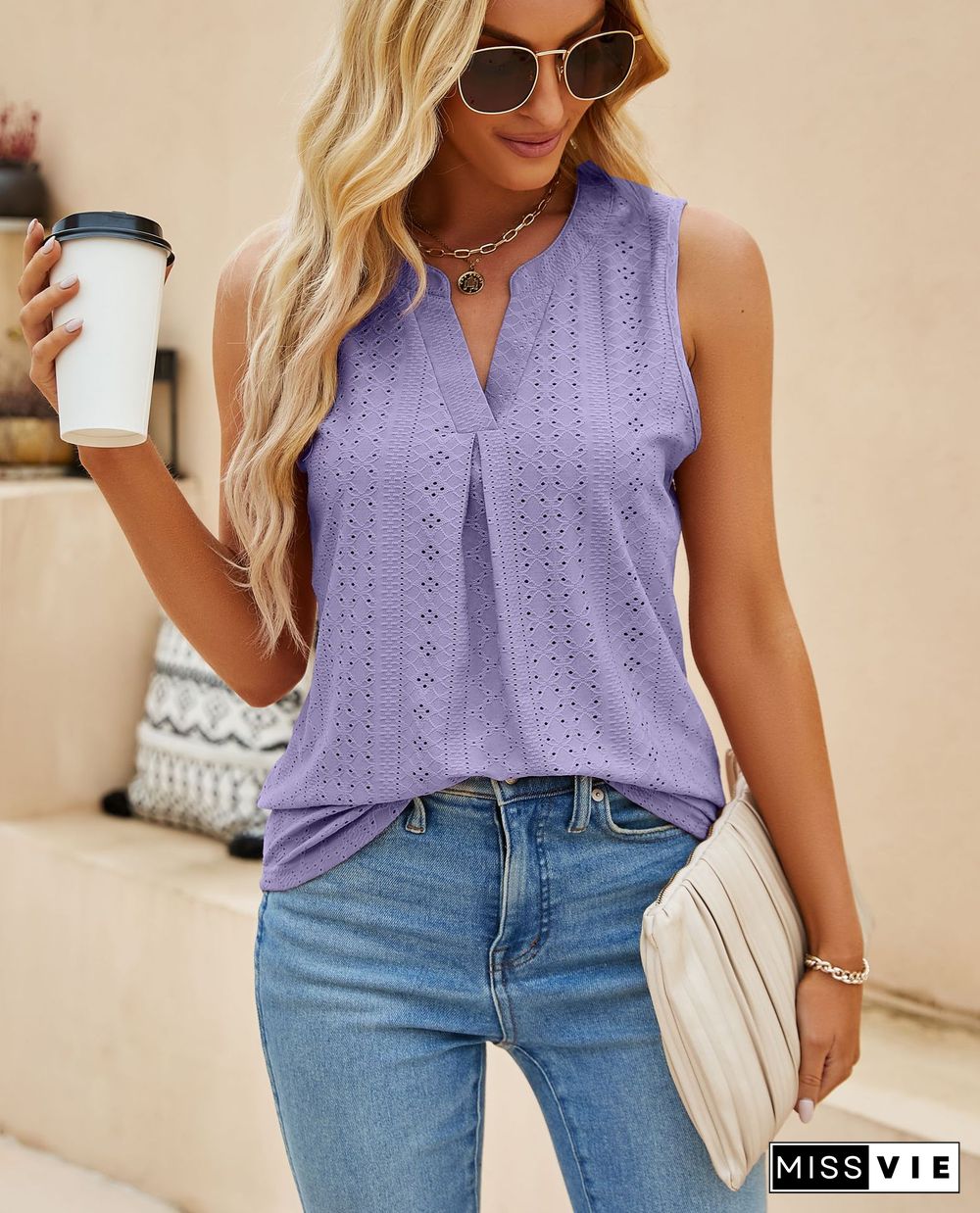 Eyelet Pattern Split Collar Tank Top