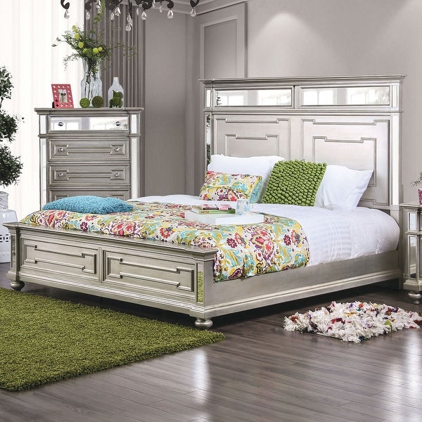 Wooden Bed With 3mm Mirror Panel Accents， Silver