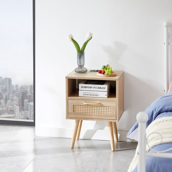 Rectangle MDF Rattan End Table Nightstand Side Table with Power Outlet and USB Ports - 15.75*11.81