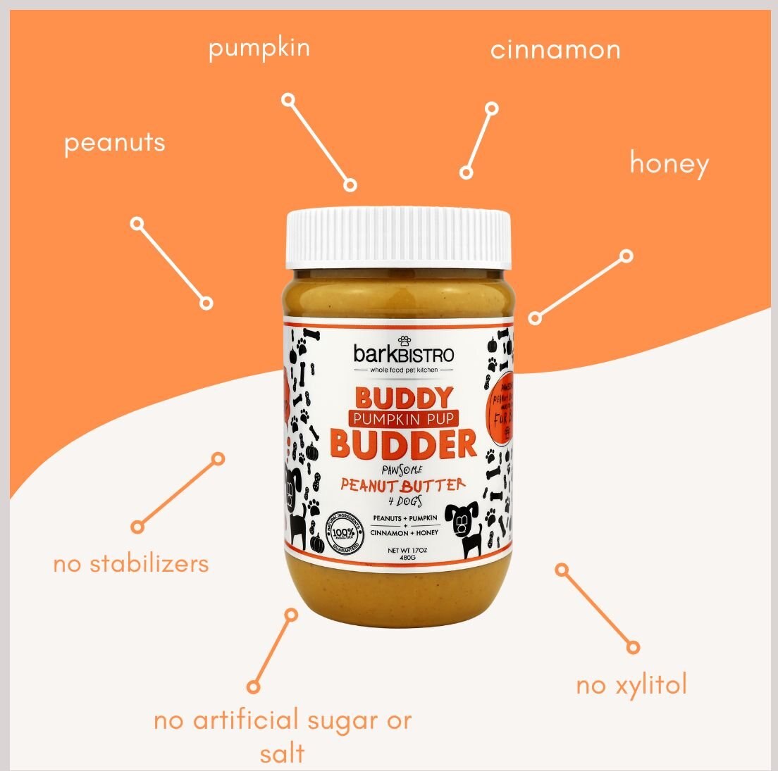 Bark Bistro Company Buddy Budder Pumpkin and Cinnamon Peanut Butter Lickable Dog Treats， 17-oz jar