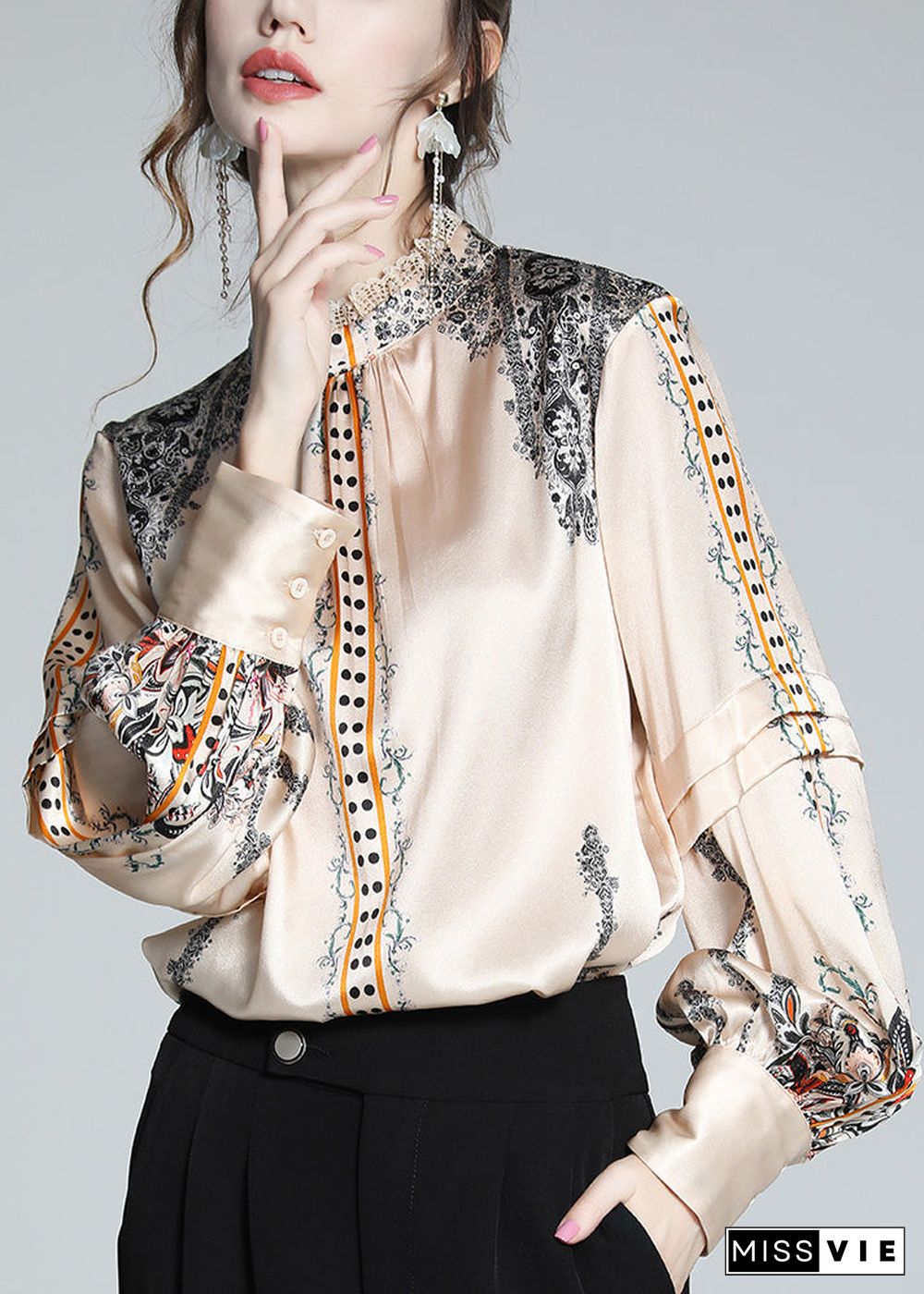 French Stand Collar Print Lace Patchwork Silk Shirt Spring