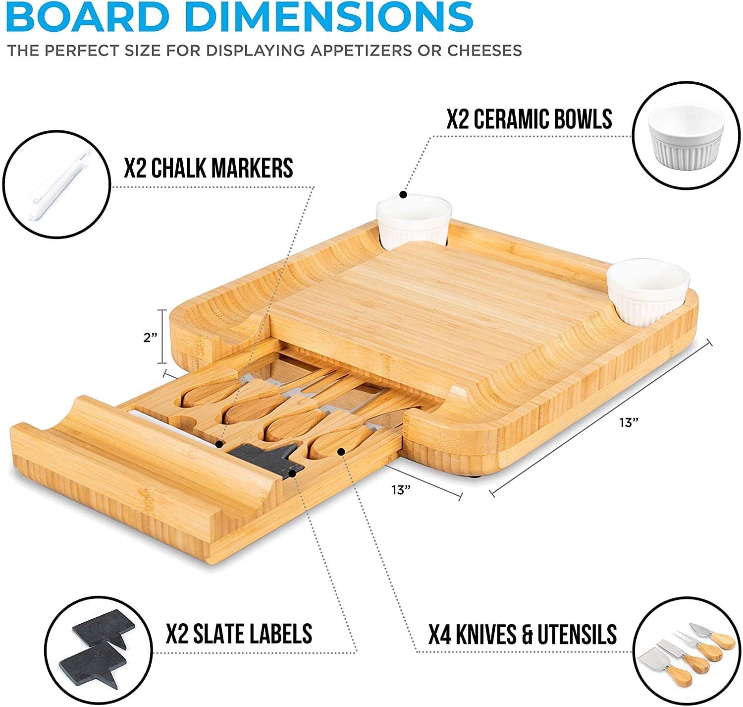 Smirly Cheese Board and Knife Set: 13 x 13 x 2 Inch Wood Charcuterie Platter for Wine， Cheese， Meat