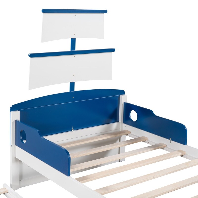 3Pcs Boat Shaped Platform Bed with Trundle and 2 Nightstands