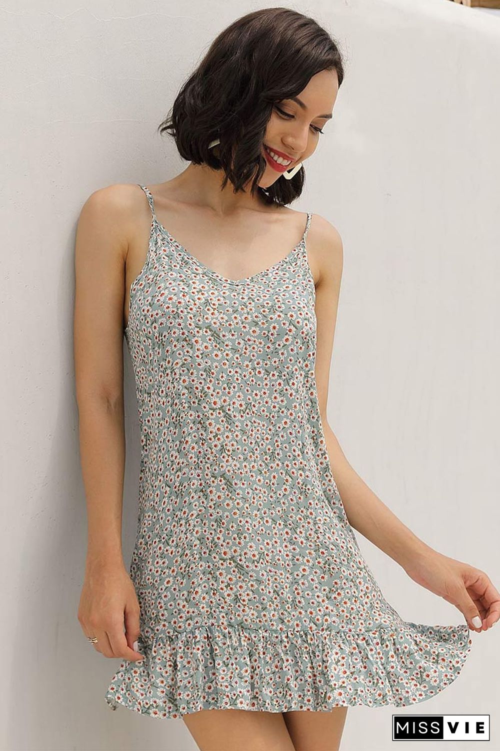 Little Fresh Floral Ruffled Spaghetti Straps Dress