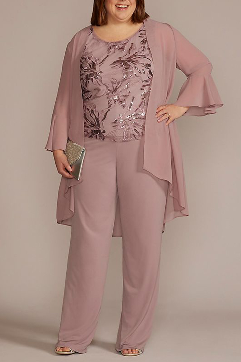 Plus Size Embroidered Floral Sequin Flare Sleeve Three Pieces Set Pant Suits