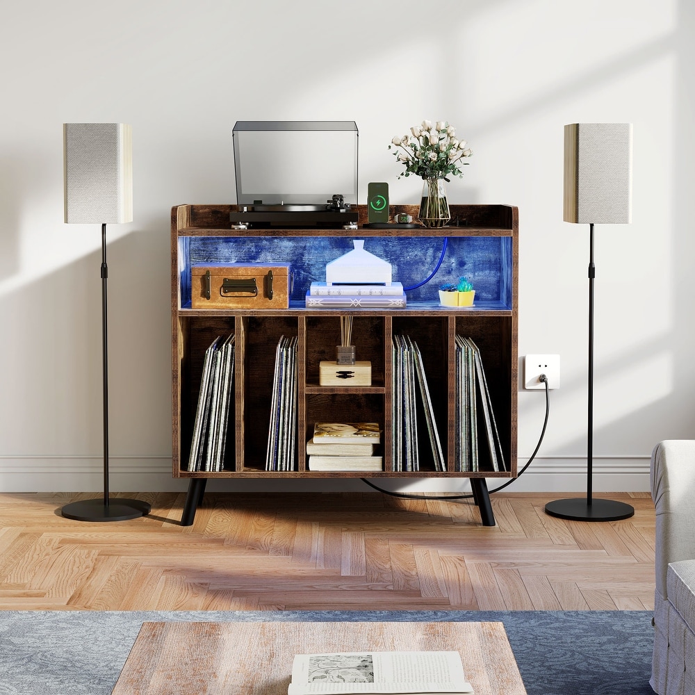 Moasis Record Player Stand with Power Outlets and LED Lights for Living Room Bedroom