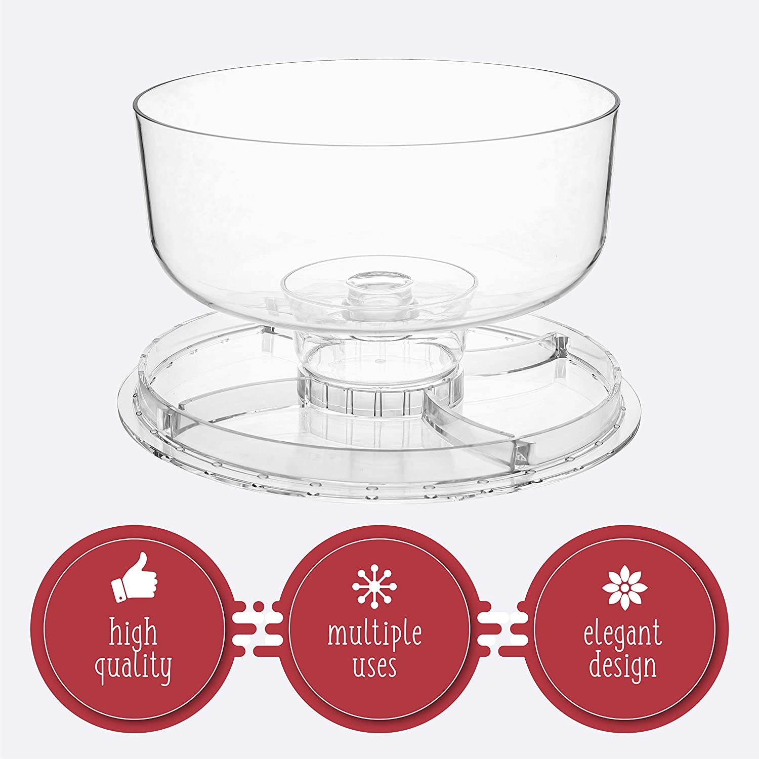 Homeries Cake Stand with Dome Cover (6 in 1) Multi-Functional Serving Platter and Cake Plate - Use as Cake Holder， Salad Bowl， Platter， Punch Bowl， Desert Platter， Nachos and Salsa Plate， (Acrylic)