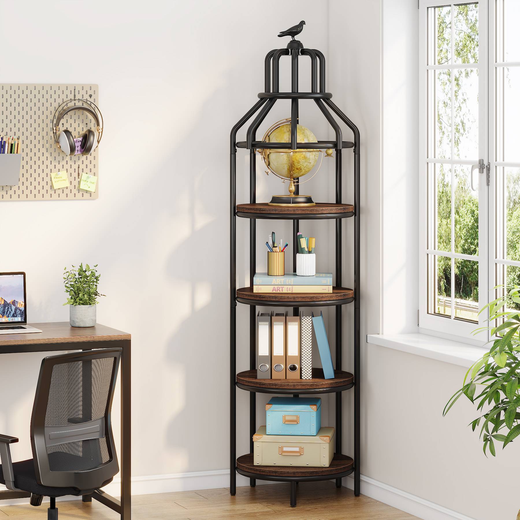 Industrial Bookshelf, 4-Tier Etagere Bookcase with Bird Cage Design