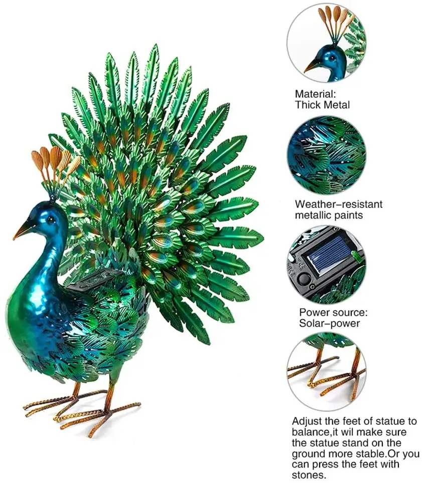 Wholesale Garden Decor Solar Animal Lights  Outdoor Metal  Peacock Statues Sculptures Garden Ornaments  Supplies Yard Lawn