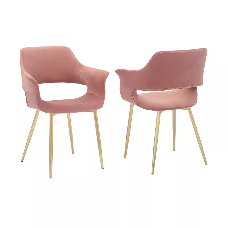 Dining Chair with Flared Curved Arms and Angled Metal Legs， Set of 2， Pink