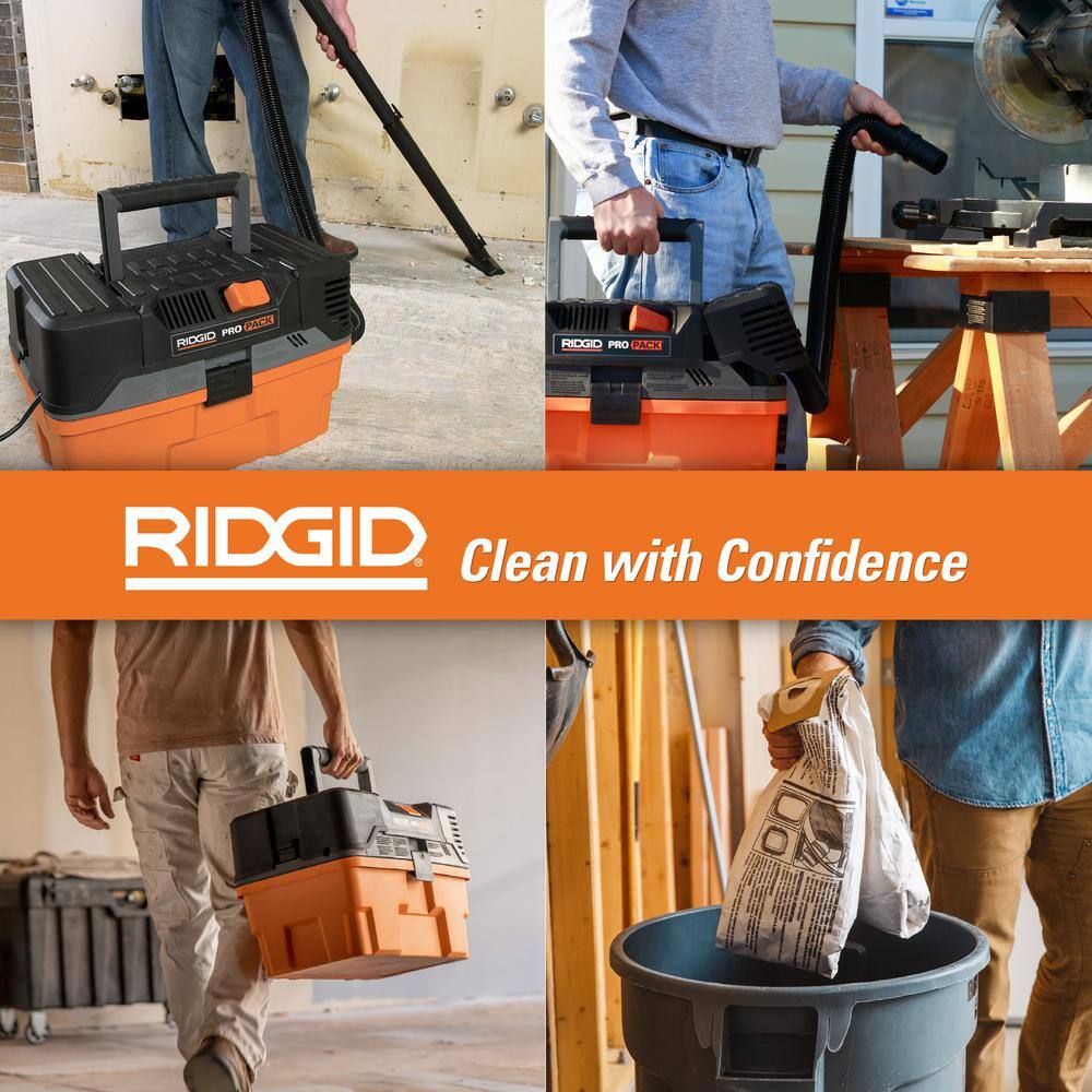 RIDGID 4.5 Gallon 5.0 Peak HP ProPack WetDry Shop Vacuum with Fine Dust Filter Expandable Hose Accessories and Two Dust Bags WD4522A