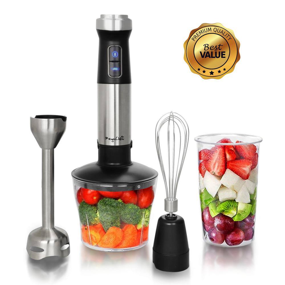 MegaChef 4-in-1 Multi-Purpose 2-Speed Stainless Steel Immersion Blender with Chopper and Whisk Attachment 985105671M