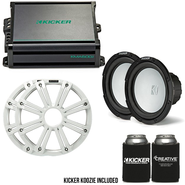 Kicker Two 10 Inch Led Marine Subwoofers In White 1 Pair With 600 Watt Amplifier Bundle