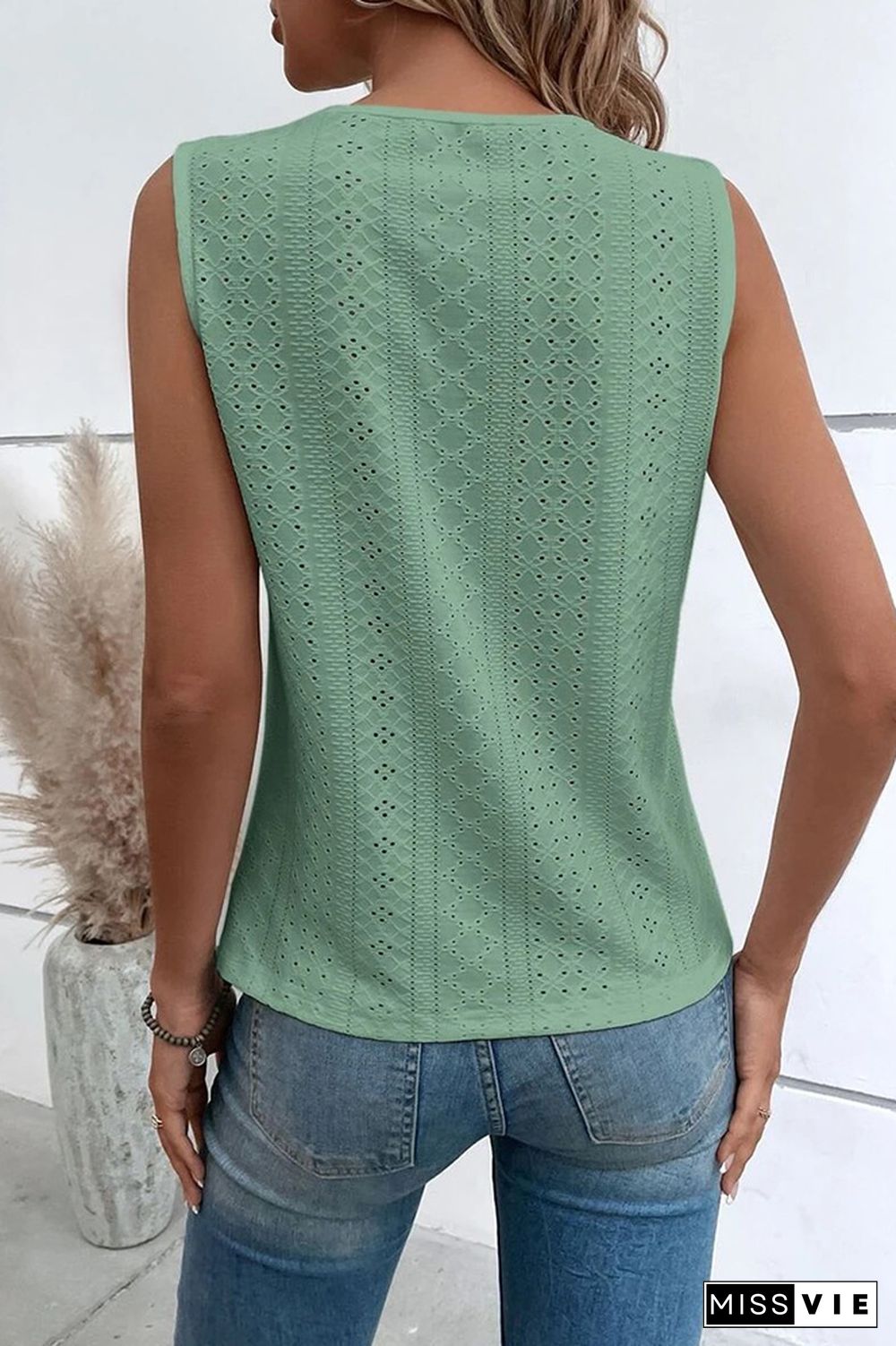 V Neck Jacquard Eyelet Tank Top