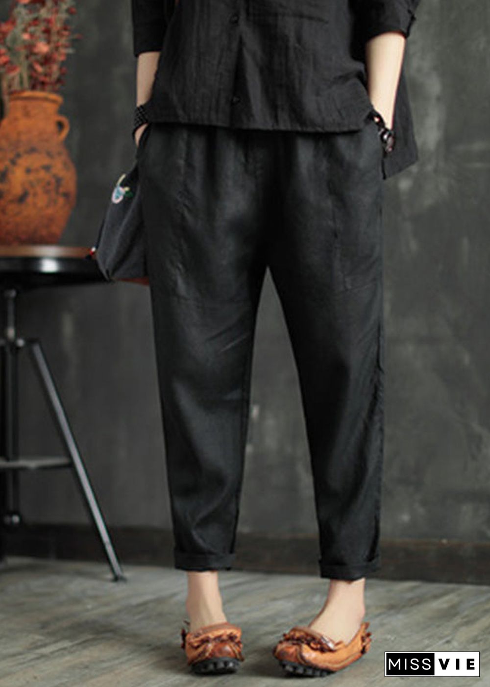 Retro Black Patchwork Pockets Solid Linen Beam Pants Summer