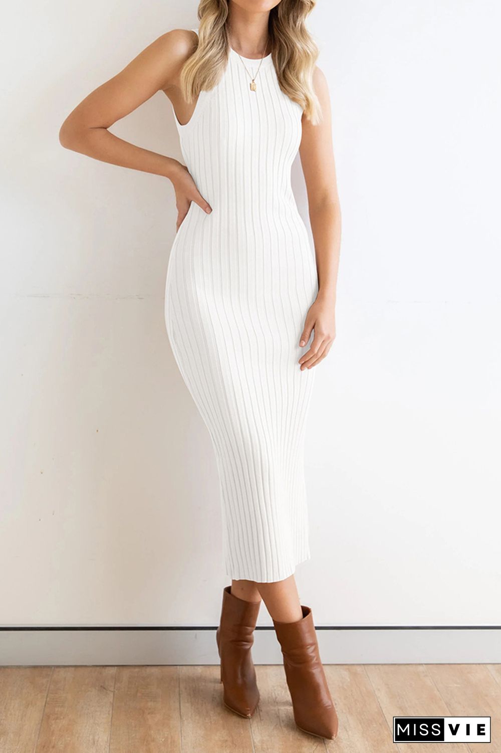 Plain Rib Knit Split Sleeveless Midi Dress