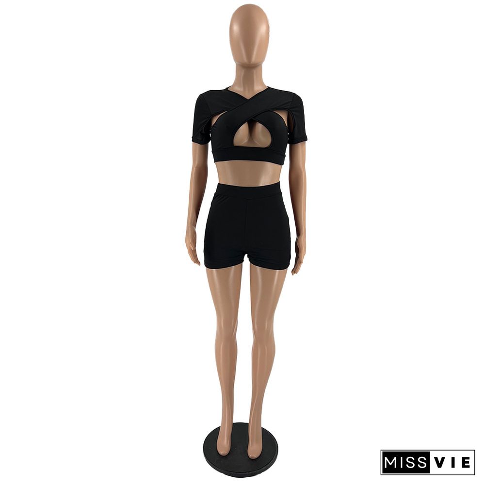 Cut Out Tee Shirt Crop Tops Running Shorts Set 2 Pieces