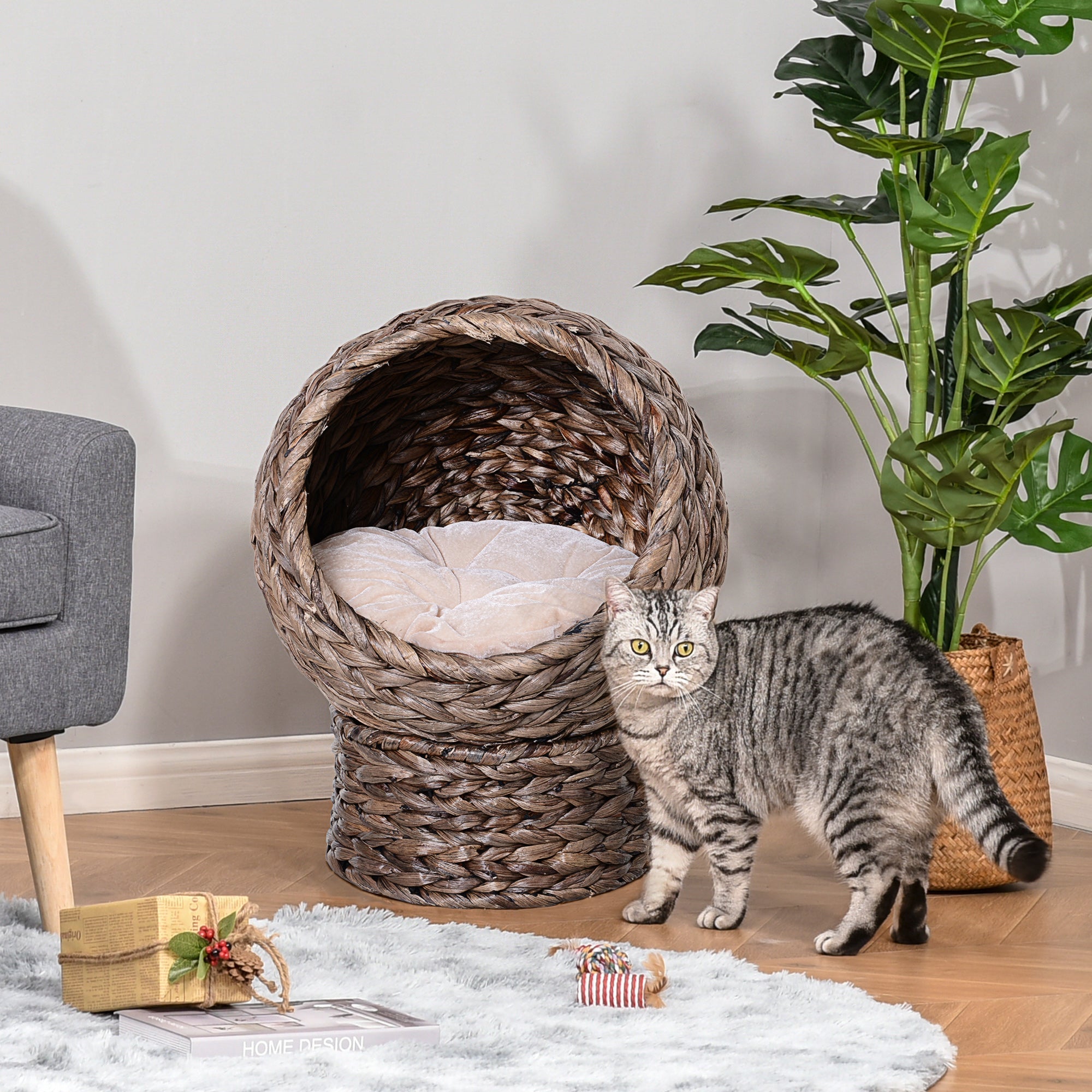 PawHut Handwoven Elevated Cat Bed with Soft Cushion & Cat Egg Chair Shape, Cat Basket Bed Kitty House with Stand, Raised Wicker Cat Bed for Indoor Cats, 20" Dia. x 23.5" H, Dark Brown