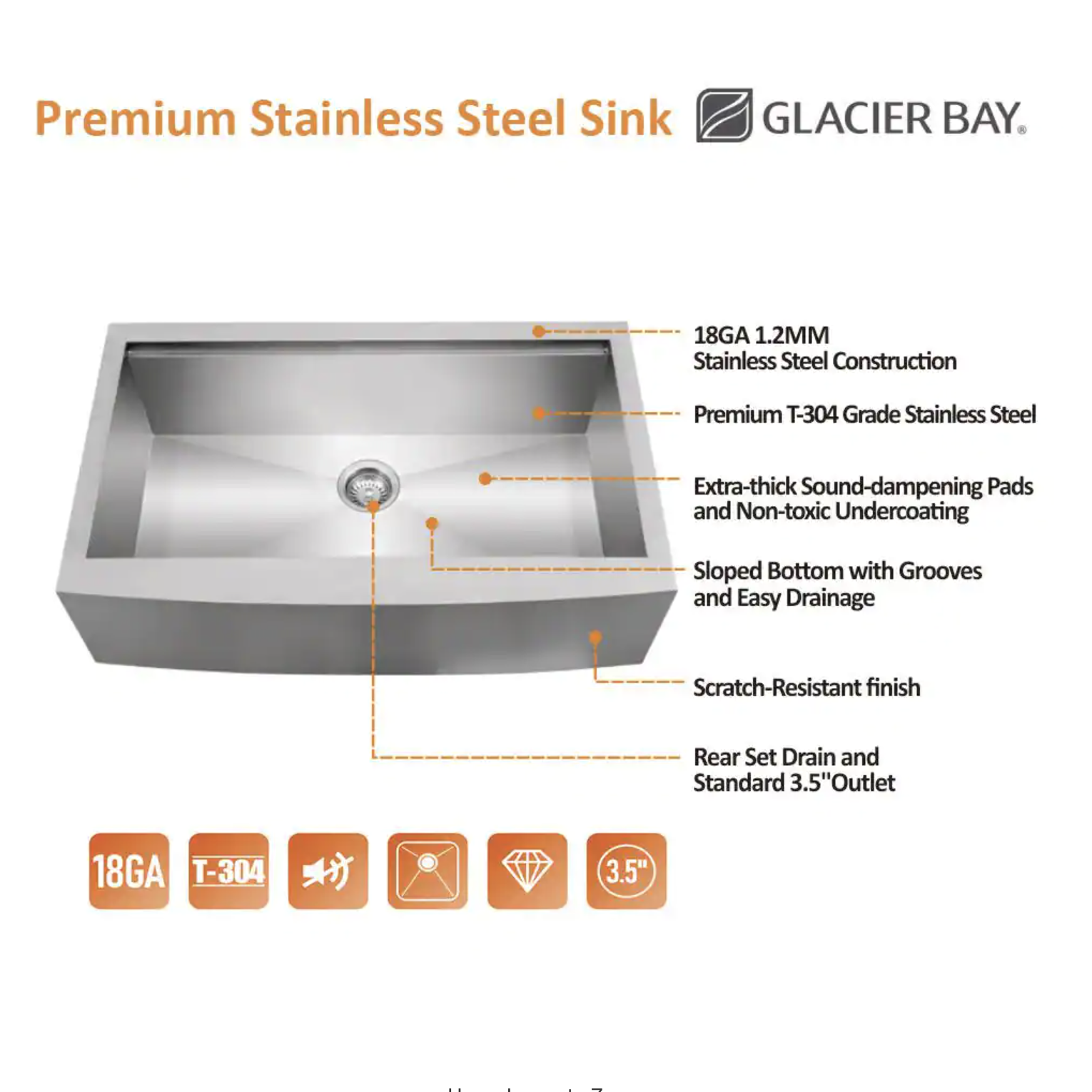 Glacier Bay 4311F Zero Radius Farmhouse Apron-Front 18G Stainless Steel 30 in. Single Bowl Workstation Kitchen Sink with Accessories