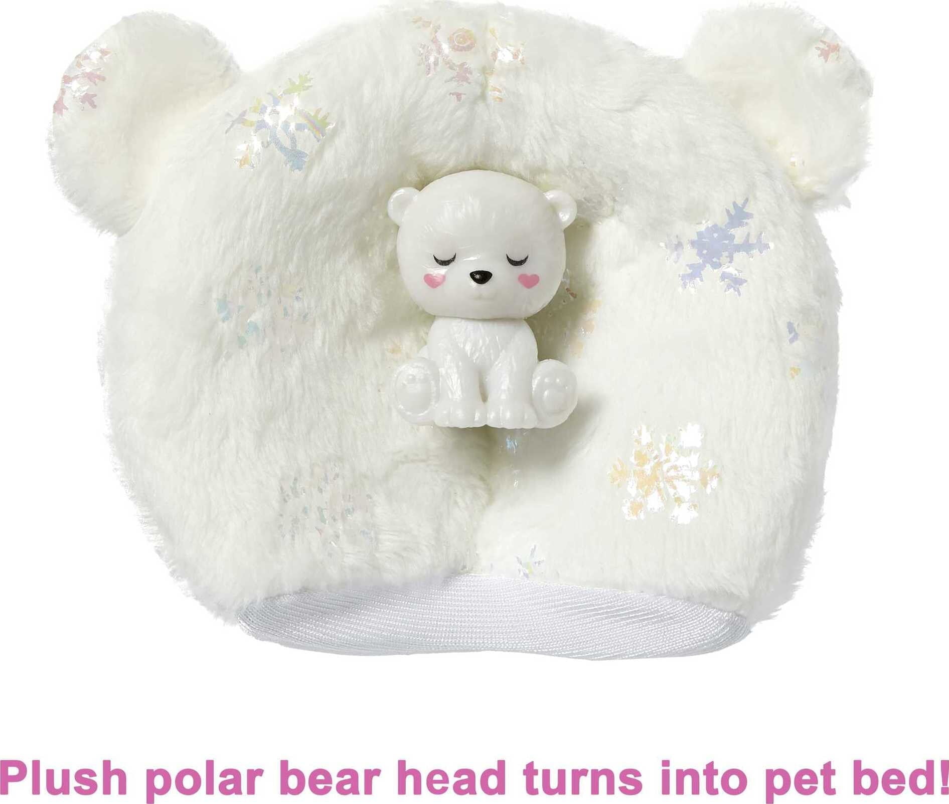 Barbie Cutie Reveal Snowflake Sparkle Fashion Doll, Polar Bear Plush Costume, Mini Pet & Accessories