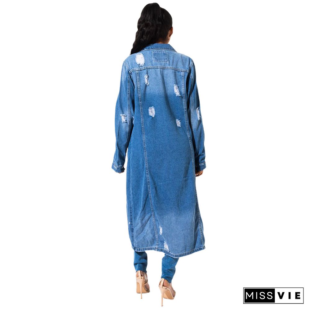 Women Broken Holes Long Denim Cape Coat Dress