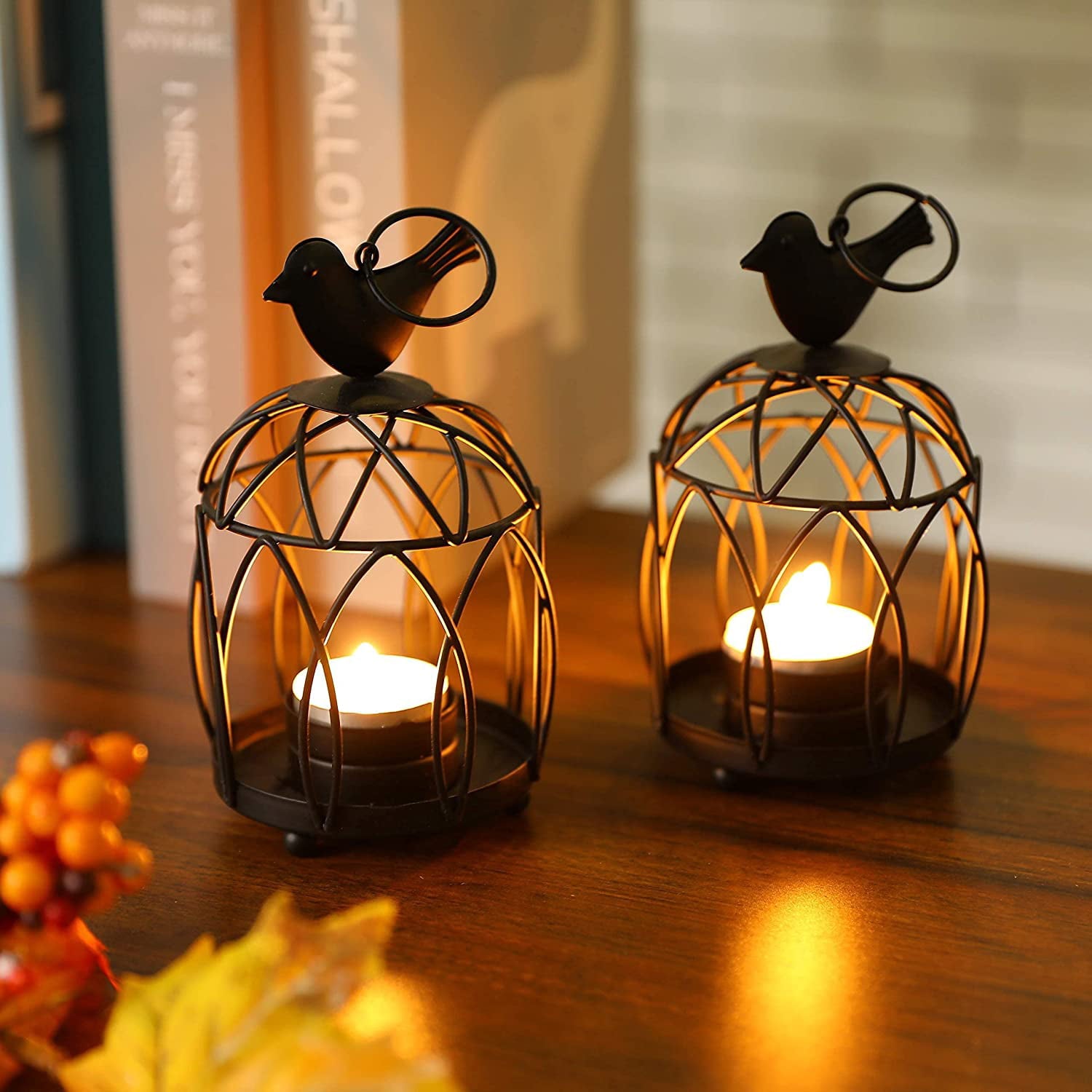 JHY DESIGN Set of 2 Small Metal Outdoor Candle Lantern， Decorative Candlestick Holders， Birdcage Votive and Tealight Candle Holder (Black)