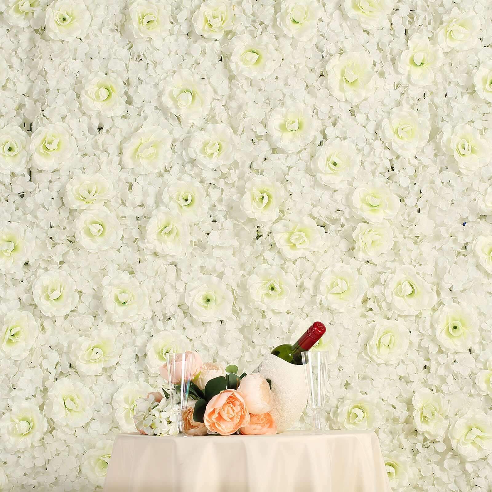 Cream 3D Silk Rose and Hydrangea Flower Wall Mat Backdrop - 4 Artificial Panels 11 Sq ft.