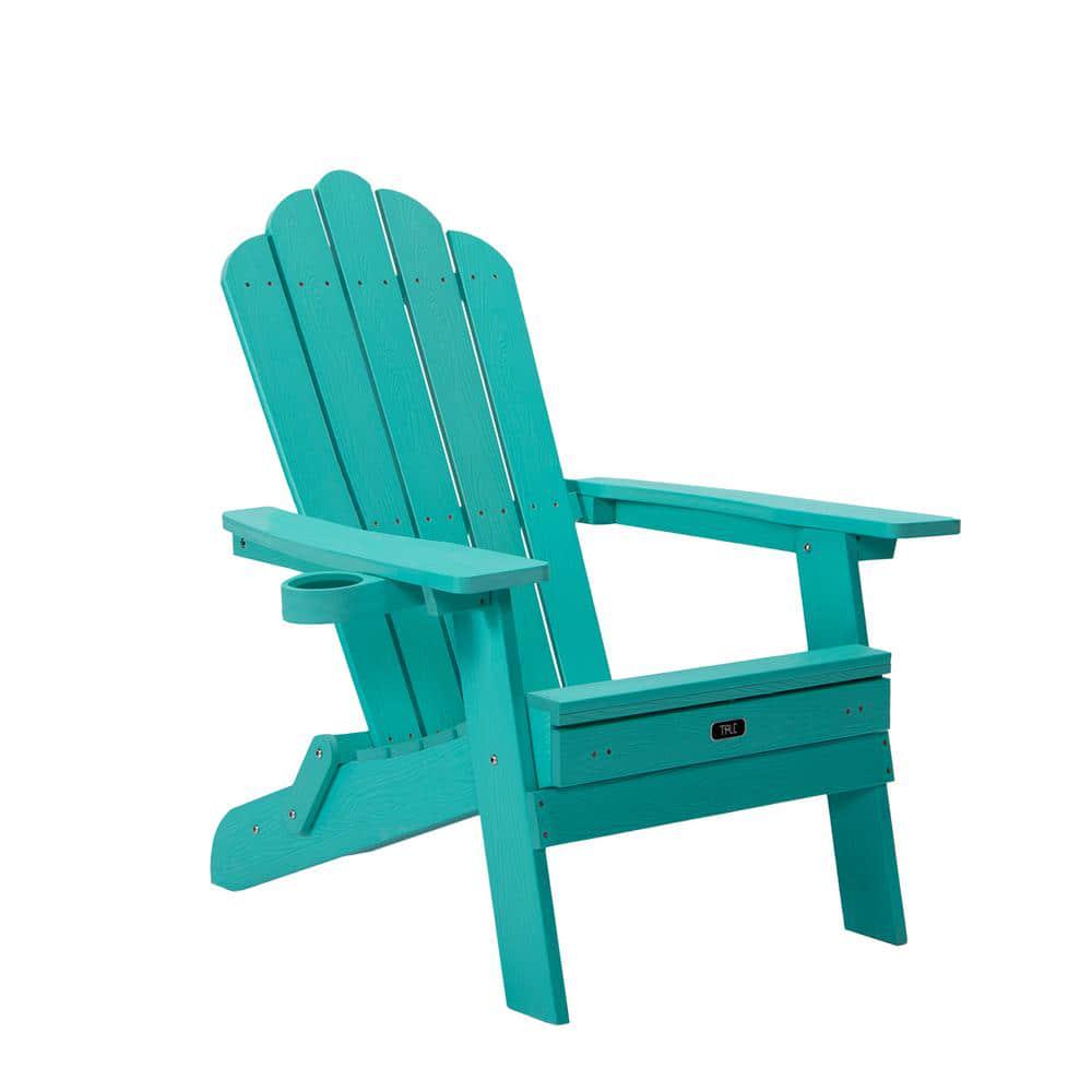 FORCLOVER Aruba Blue Reclining Composite Plastic WeatherResistant Folding Adirondack Chair with Pullout Ottoman and Cup Holder