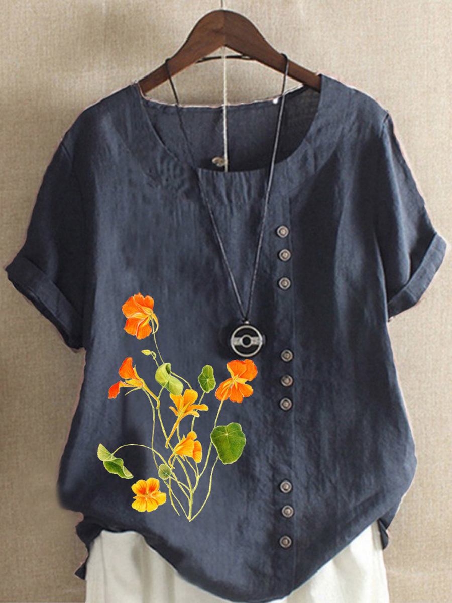 Casual Floral Print Crew Neck Short Sleeve Blouse