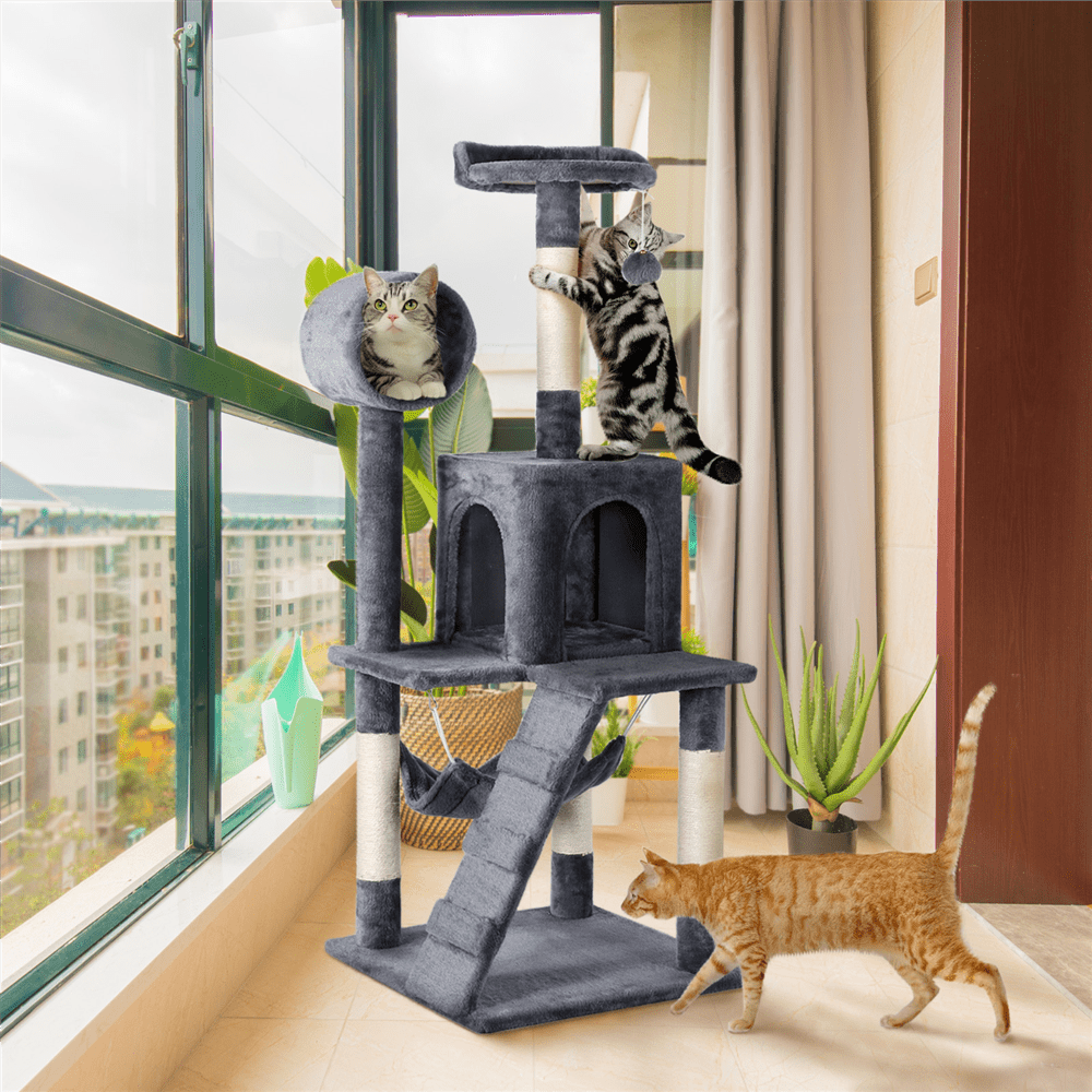 Yaheetech 51'' Cat Tree Condo Multilevel Cat Towers W/ Hammock Tunnel Scratching Post， Dark Gray