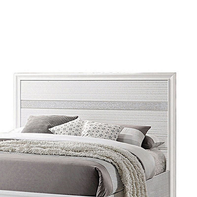 Contemporary Queen Bed with Drawers and Glittering Stripes， White