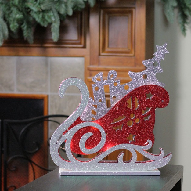 Red And Silver Led Lighted Sleigh Silhouette Christmas Tabletop Decor