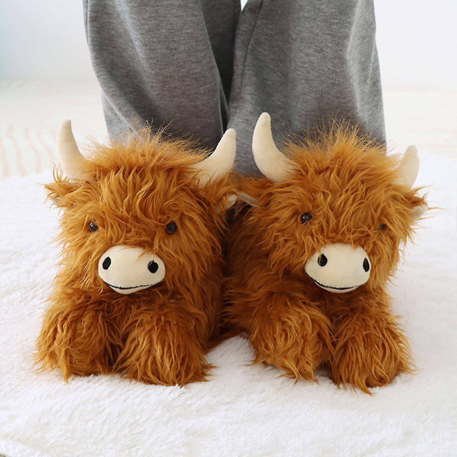 Highland Cow Ippers， Plush Scottish Cow Ippers， Soft Warm Animal Ippers Home Indoor Ippers