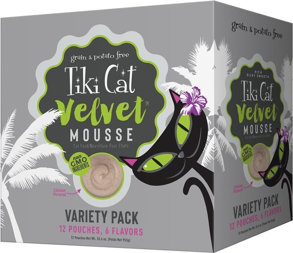 Tiki Cat Velvet Mousse Variety Pack Grain-Free Wet Cat Food， 2.8-oz pouch， case of 12