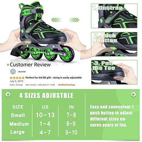 2PM SPORTS Torinx Green Black Boys Adjustable Inline Skates， Fun Roller Blades for Kids， Beginner Roller Skates for Girls， Men and Ladies - Green Large(4Y-7Y US)