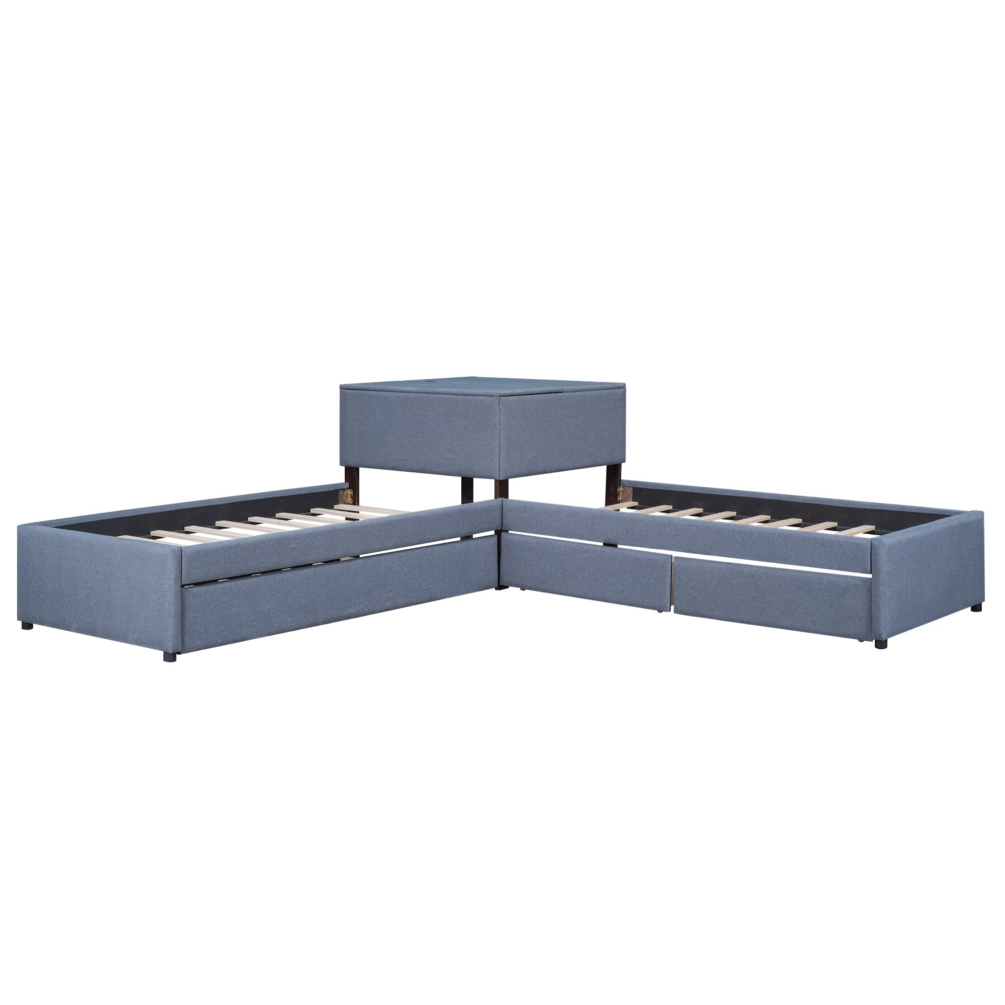 EUROCO Upholstery L-Shaped Twin Platform Bed with Storage Drawers and Trundle,Square Table for Kids Bedroom Gray